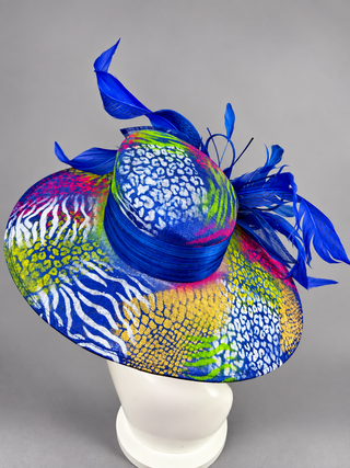 ROYAL BLUE NEON MULTI COLORED KENTUCKY DERBY HAT. - The Hat Hive