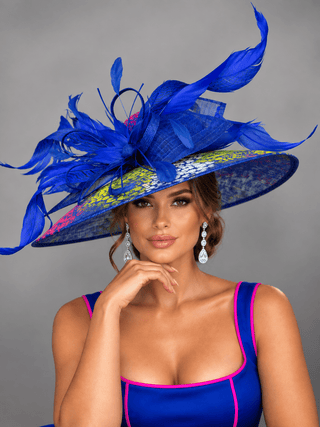 ROYAL BLUE NEON MULTI COLORED KENTUCKY DERBY HAT. - The Hat Hive