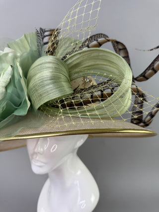 SAGE GREEN COUTURE HAT - SILK ABACA WITH NATURAL LADY AMHERST FEATHERS - JEWELED BEE - The Hat Hive