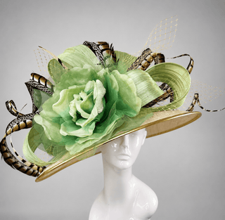 SAGE GREEN COUTURE HAT - SILK ABACA WITH NATURAL LADY AMHERST FEATHERS - JEWELED BEE - The Hat Hive