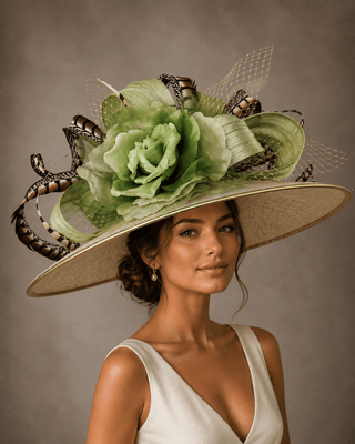 SAGE GREEN COUTURE HAT - SILK ABACA WITH NATURAL LADY AMHERST FEATHERS - JEWELED BEE - The Hat Hive
