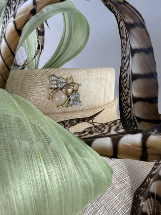 SAGE GREEN COUTURE HAT - SILK ABACA WITH NATURAL LADY AMHERST FEATHERS - JEWELED BEE - The Hat Hive