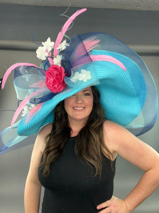 TURQUOISE FLOPPY WITH ROYAL BLUE ANS PINK ACCENTS. - The Hat Hive