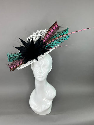 WHITE FASCINATOR WITH MINT & LIGHT PINK LADY AMHERST FEATHERS - The Hat Hive
