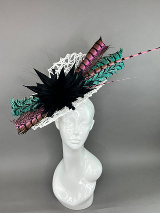 WHITE FASCINATOR WITH MINT & LIGHT PINK LADY AMHERST FEATHERS - The Hat Hive