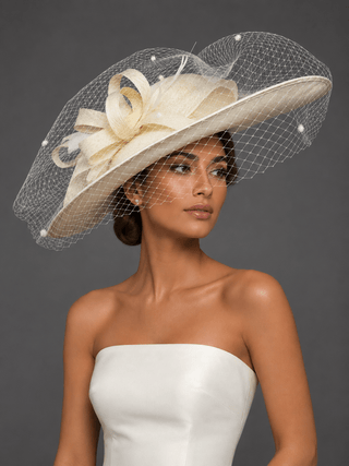 WIDE BRIM BRIDAL HAT WITH VEIL - OFF WHITE - The Hat Hive