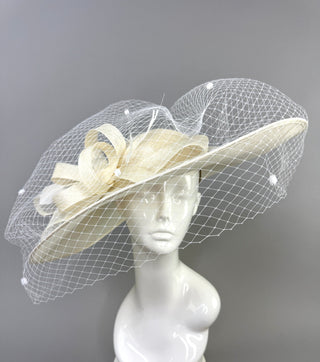 WIDE BRIM BRIDAL HAT WITH VEIL - OFF WHITE - The Hat Hive