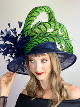 Load image into Gallery viewer, LIME GREEN FEATHERS ON NAVY HAT
