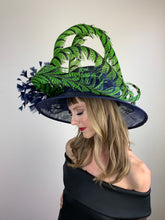 Load image into Gallery viewer, LIME GREEN FEATHERS ON NAVY HAT