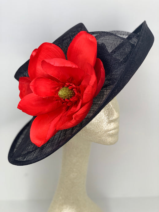 RED MAGNOLIA ON BLACK HAT