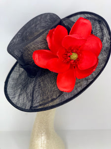 RED MAGNOLIA ON BLACK HAT