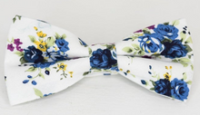 Load image into Gallery viewer, WHITE AND BLUE FLORAL BOW TIE