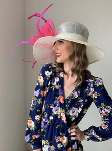 Wide Brim Ivory Derby Hat w/ Fuchsia Pink Bow
