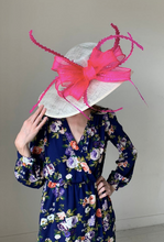 Load image into Gallery viewer, Wide Brim Ivory Derby Hat w/ Fuchsia Pink Bow