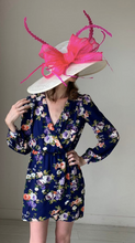 Load image into Gallery viewer, Wide Brim Ivory Derby Hat w/ Fuchsia Pink Bow