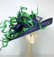Load image into Gallery viewer, Navy Blue Derby Hat w/ Green Feathers