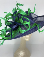 Load image into Gallery viewer, Navy Blue Derby Hat w/ Green Feathers
