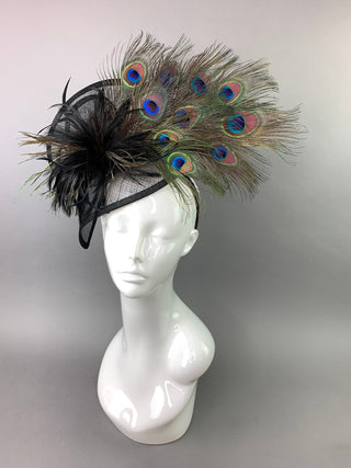 BLACK FASCINATOR WITH PEACOCK FEATHERS - The Hat Hive