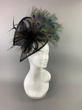 BLACK FASCINATOR WITH PEACOCK FEATHERS - The Hat Hive