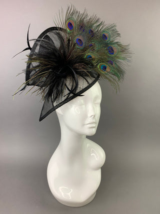 BLACK FASCINATOR WITH PEACOCK FEATHERS - The Hat Hive