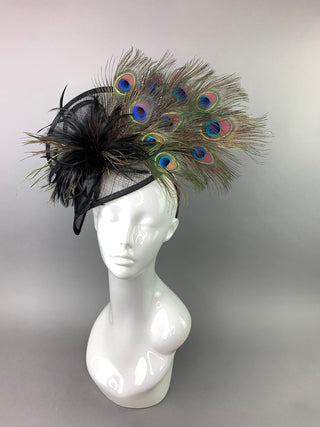 BLACK FASCINATOR WITH PEACOCK FEATHERS - The Hat Hive