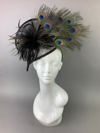 BLACK FASCINATOR WITH PEACOCK FEATHERS - The Hat Hive