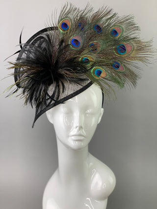 BLACK FASCINATOR WITH PEACOCK FEATHERS - The Hat Hive