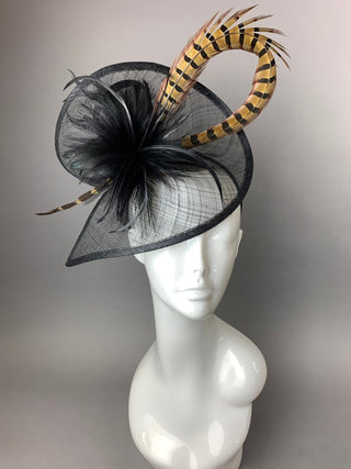 BLACK FASCINATOR WITH PHEASANT FEATHER - The Hat Hive