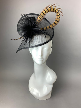 BLACK FASCINATOR WITH PHEASANT FEATHER - The Hat Hive