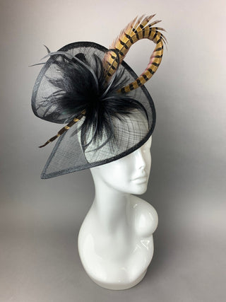BLACK FASCINATOR WITH PHEASANT FEATHER - The Hat Hive