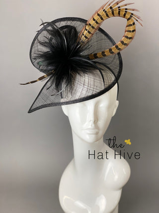BLACK FASCINATOR WITH PHEASANT FEATHER - The Hat Hive