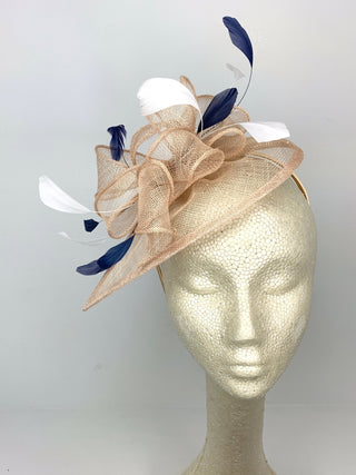 DESIGNER KENNI IN NUDE NAVY & WHITE FASCINATOR - The Hat Hive