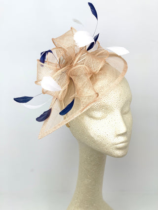 DESIGNER KENNI IN NUDE NAVY & WHITE FASCINATOR - The Hat Hive
