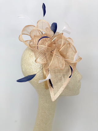 DESIGNER KENNI IN NUDE NAVY & WHITE FASCINATOR - The Hat Hive