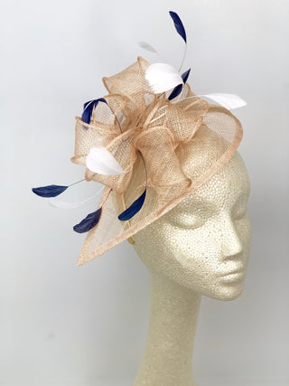 DESIGNER KENNI IN NUDE NAVY & WHITE FASCINATOR - The Hat Hive