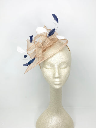 DESIGNER KENNI IN NUDE NAVY & WHITE FASCINATOR - The Hat Hive