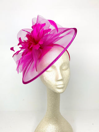 Fuchsia hot pink mesh Celeste fascinator with architectural ribbon and feathers - The Hat Hive