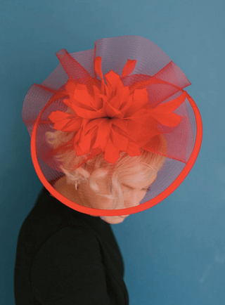 Bold red mesh Celeste fascinator for Kentucky Derby or holiday events - The Hat Hive