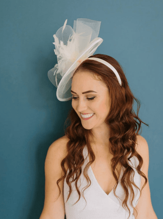 Ivory off-white mesh Celeste fascinator, perfect for brides or garden parties - The Hat Hive