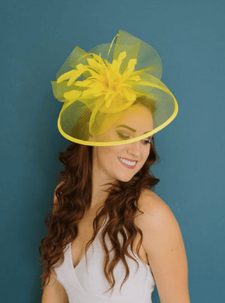 Yellow mesh Celeste fascinator, bright statement piece for Kentucky Derby - The Hat Hive
