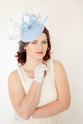 Fascinator With Veil - Baby Blue Fascinator - The Hat Hive