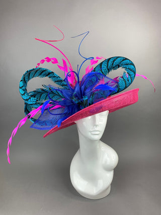 FUCHSIA HAT W/TURQUOISE LADY AMHERST FEATHERS - The Hat Hive