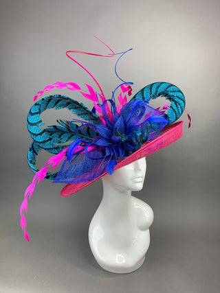 FUCHSIA HAT W/TURQUOISE LADY AMHERST FEATHERS - The Hat Hive