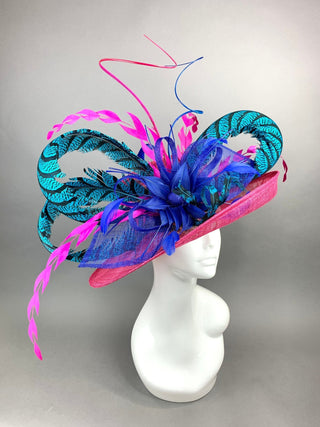 FUCHSIA HAT W/TURQUOISE LADY AMHERST FEATHERS - The Hat Hive