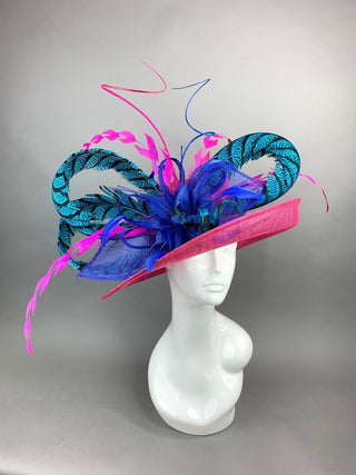 FUCHSIA HAT W/TURQUOISE LADY AMHERST FEATHERS - The Hat Hive