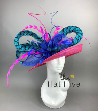 FUCHSIA HAT W/TURQUOISE LADY AMHERST FEATHERS - The Hat Hive