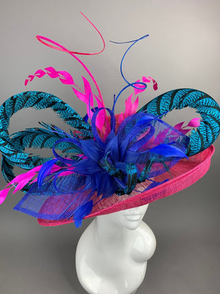 FUCHSIA HAT W/TURQUOISE LADY AMHERST FEATHERS - The Hat Hive