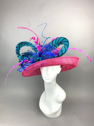 FUCHSIA HAT W/TURQUOISE LADY AMHERST FEATHERS - The Hat Hive