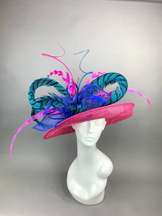 FUCHSIA HAT W/TURQUOISE LADY AMHERST FEATHERS - The Hat Hive