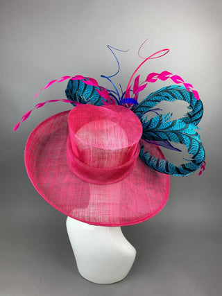 FUCHSIA HAT W/TURQUOISE LADY AMHERST FEATHERS - The Hat Hive